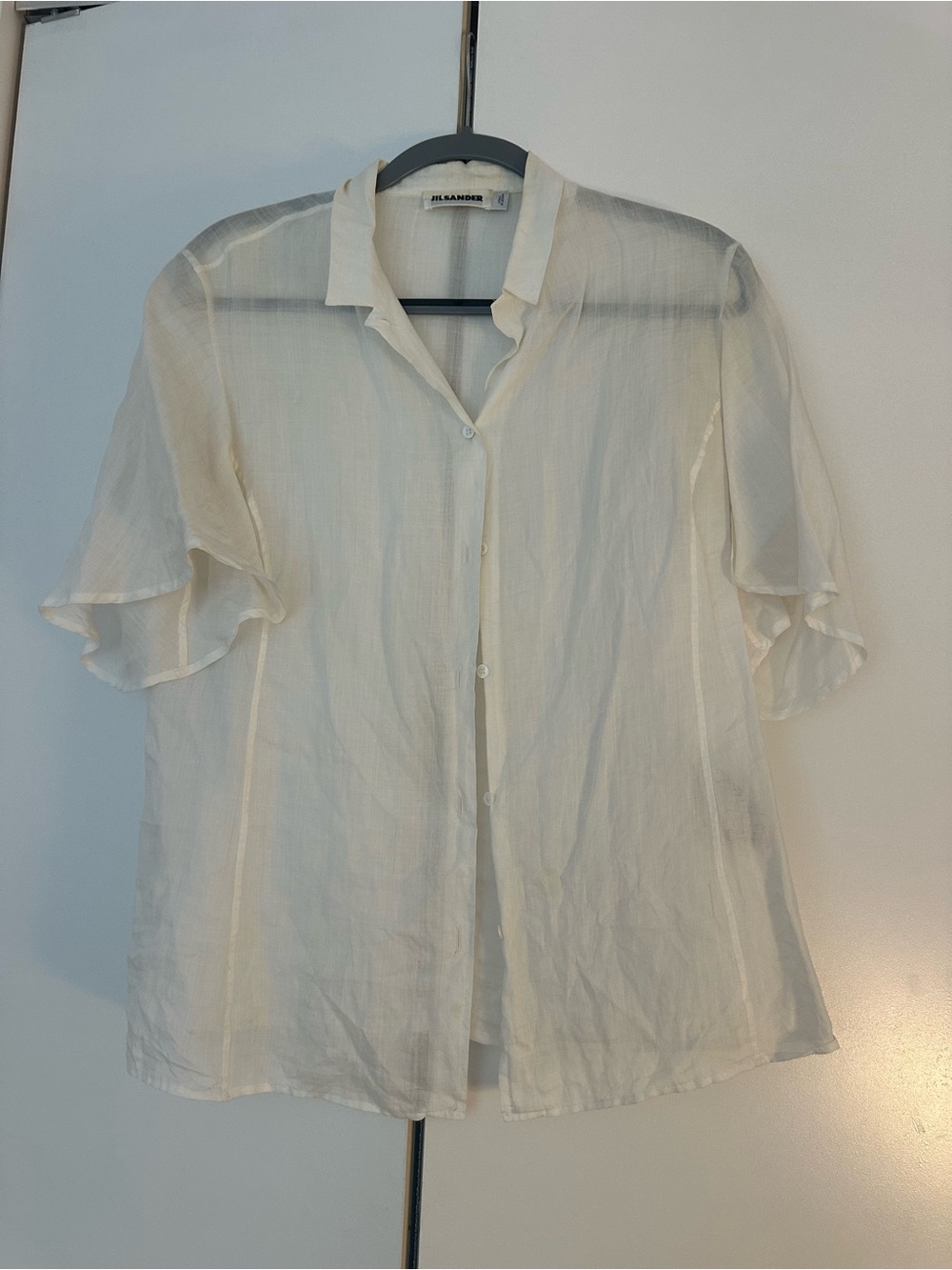 Jil Sander Sheer Cream Short-Sleeve Button-Up Blouse